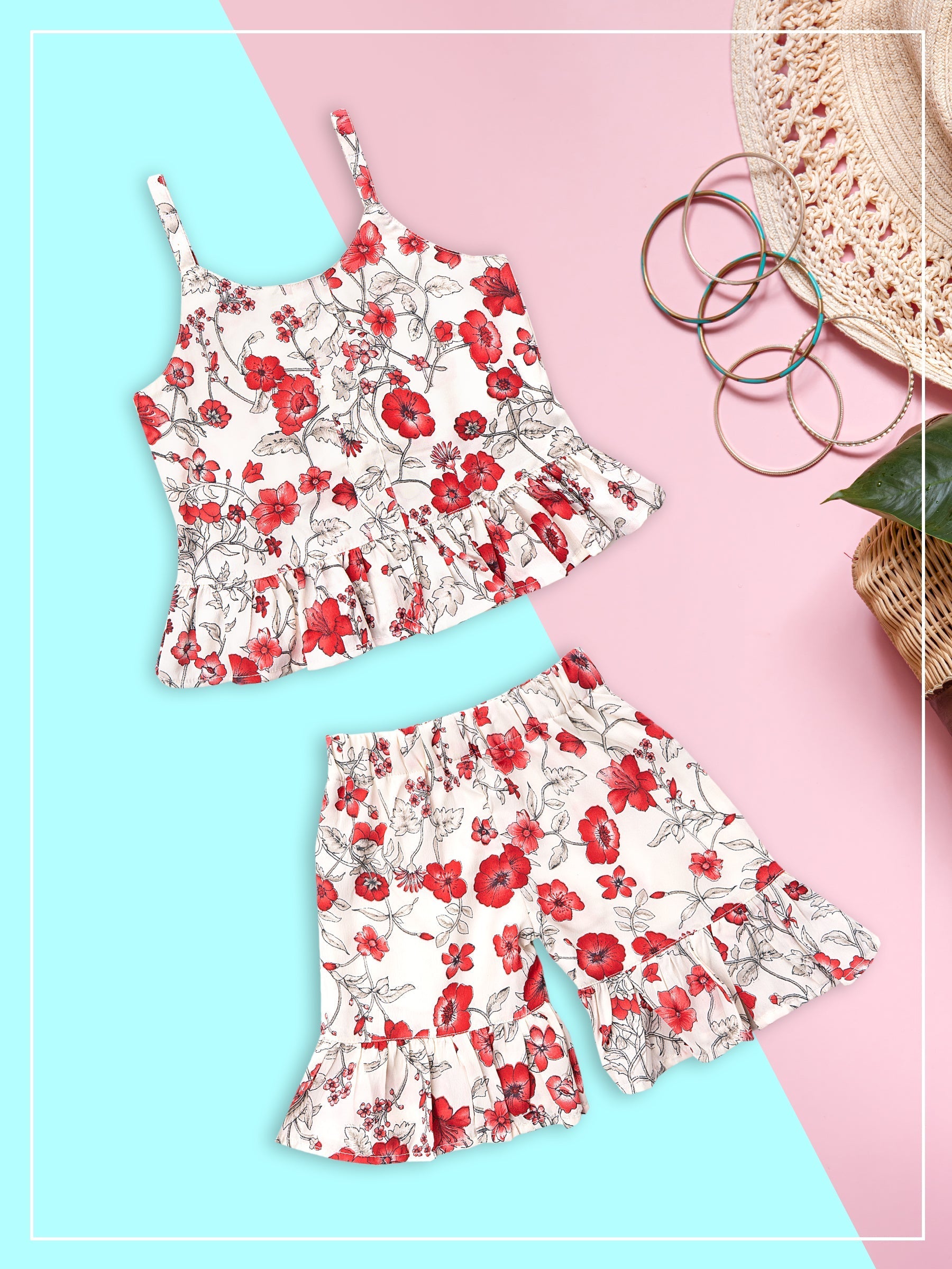 Girls Red Floral Print Georgette Top & Bottom Set for Kids