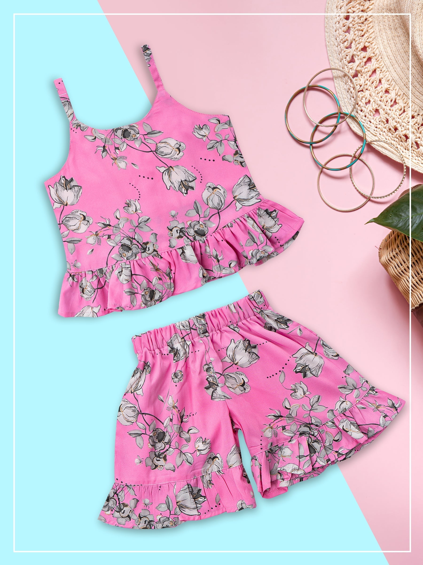 Girls Pink Floral Print Georgette Top & Bottom Set for Kids