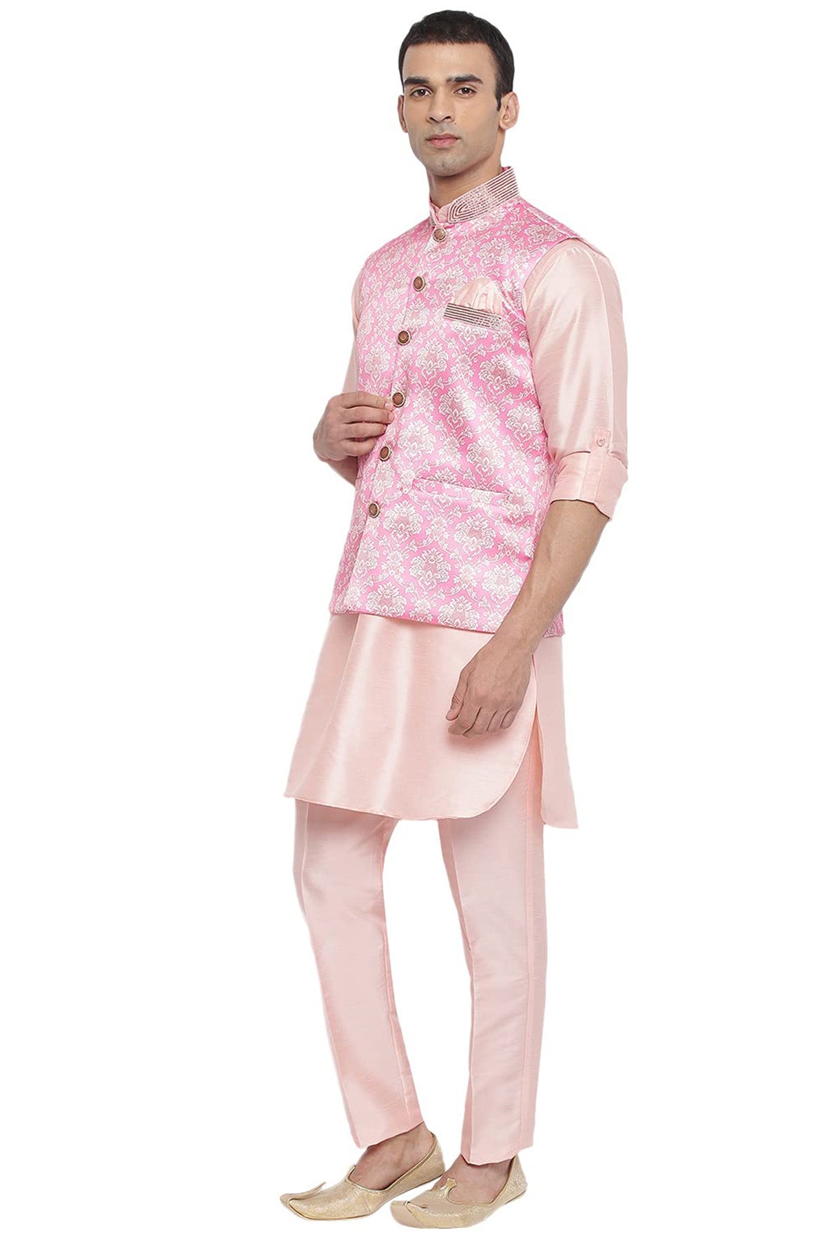 Men's Pink Raw Silk Printed 3pc Set