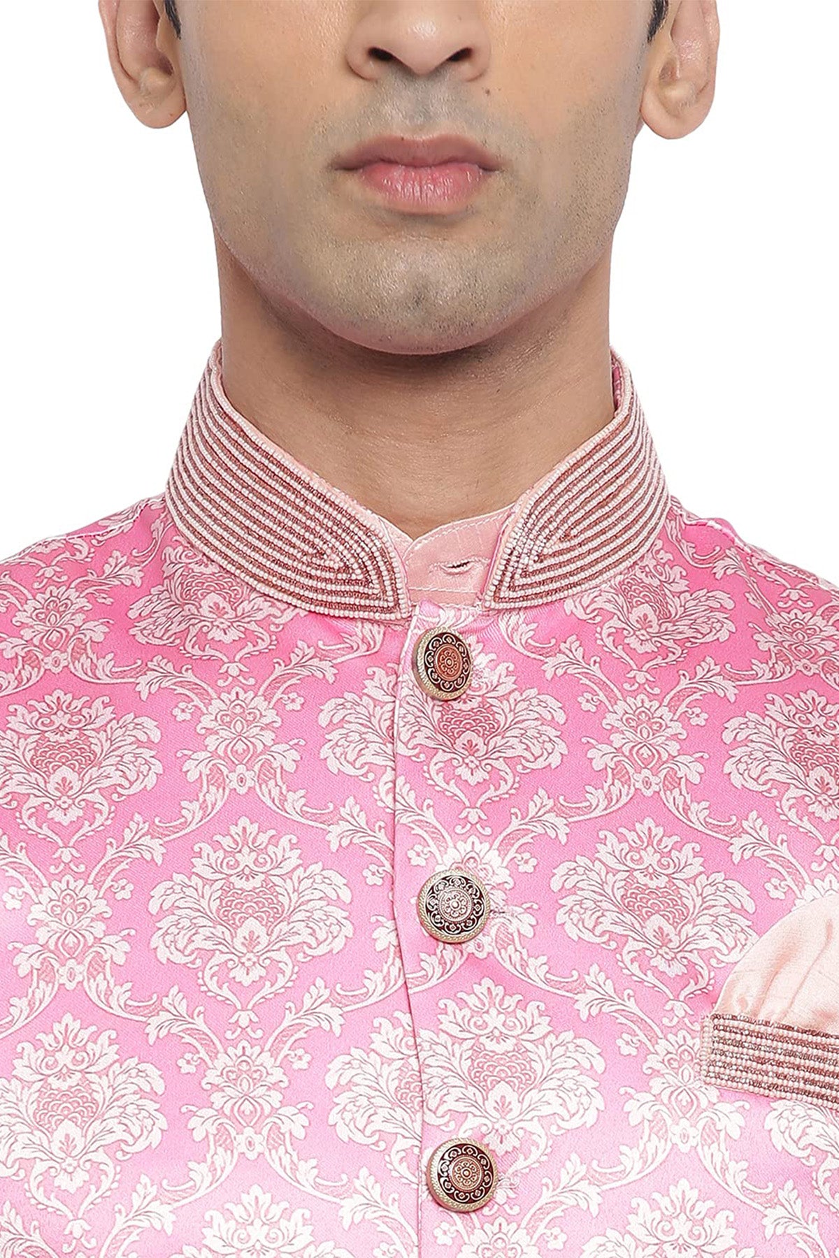 Men's Pink Raw Silk Printed 3pc Set